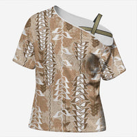Beige Hawaii Tapa Pattern Cross Shoulder Shirt With Heliconia Vintage Style LT05 Female Beige - Polynesian Pride