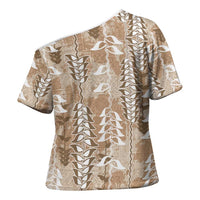 Beige Hawaii Tapa Pattern Cross Shoulder Shirt With Heliconia Vintage Style LT05 - Polynesian Pride