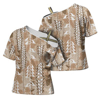 Beige Hawaii Tapa Pattern Cross Shoulder Shirt With Heliconia Vintage Style LT05 - Polynesian Pride
