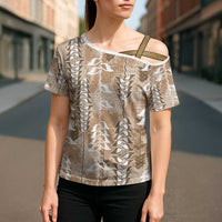 Beige Hawaii Tapa Pattern Cross Shoulder Shirt With Heliconia Vintage Style LT05 - Polynesian Pride