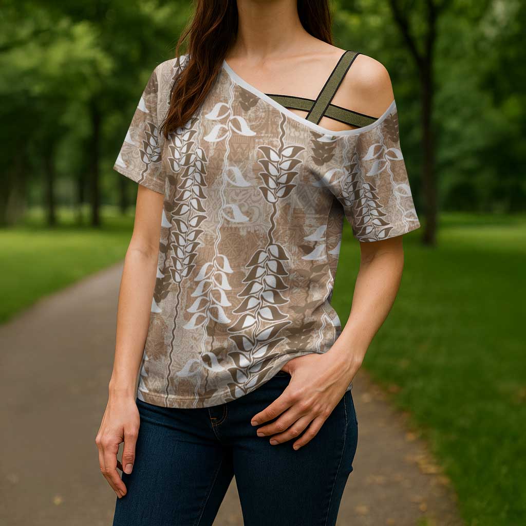 Beige Hawaii Tapa Pattern Cross Shoulder Shirt With Heliconia Vintage Style LT05 - Polynesian Pride