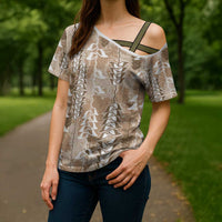 Beige Hawaii Tapa Pattern Cross Shoulder Shirt With Heliconia Vintage Style LT05 - Polynesian Pride