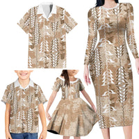 Beige Hawaii Tapa Pattern Family Matching Long Sleeve Bodycon Dress and Hawaiian Shirt With Heliconia Vintage Style LT05 - Polynesian Pride