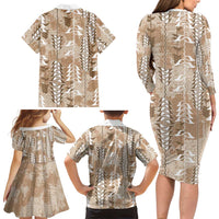 Beige Hawaii Tapa Pattern Family Matching Long Sleeve Bodycon Dress and Hawaiian Shirt With Heliconia Vintage Style LT05 - Polynesian Pride