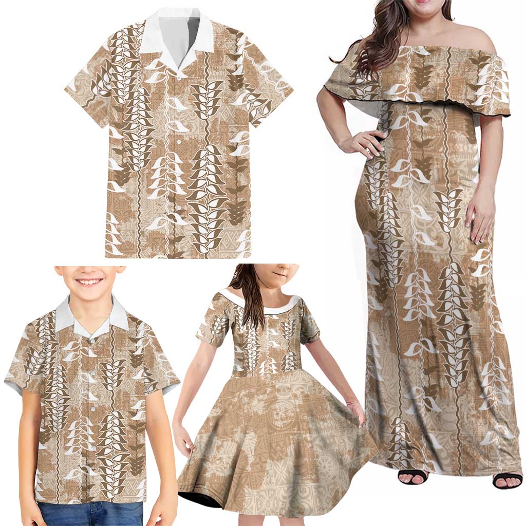 Beige Hawaii Tapa Pattern Family Matching Off Shoulder Maxi Dress and Hawaiian Shirt With Heliconia Vintage Style