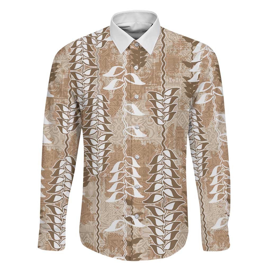 Beige Hawaii Tapa Pattern Family Matching Off Shoulder Maxi Dress and Hawaiian Shirt With Heliconia Vintage Style LT05 Dad's Shirt - Long Sleeve Beige - Polynesian Pride