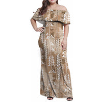 Beige Hawaii Tapa Pattern Family Matching Off Shoulder Maxi Dress and Hawaiian Shirt With Heliconia Vintage Style LT05 Mom's Dress Beige - Polynesian Pride