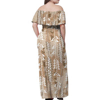 Beige Hawaii Tapa Pattern Family Matching Off Shoulder Maxi Dress and Hawaiian Shirt With Heliconia Vintage Style LT05 - Polynesian Pride