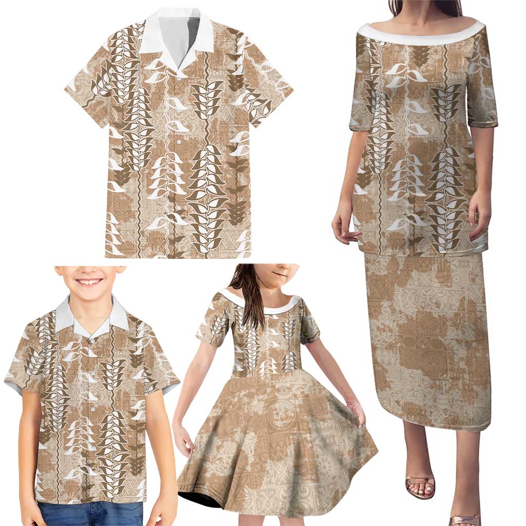 Beige Hawaii Tapa Pattern Family Matching Puletasi and Hawaiian Shirt With Heliconia Vintage Style