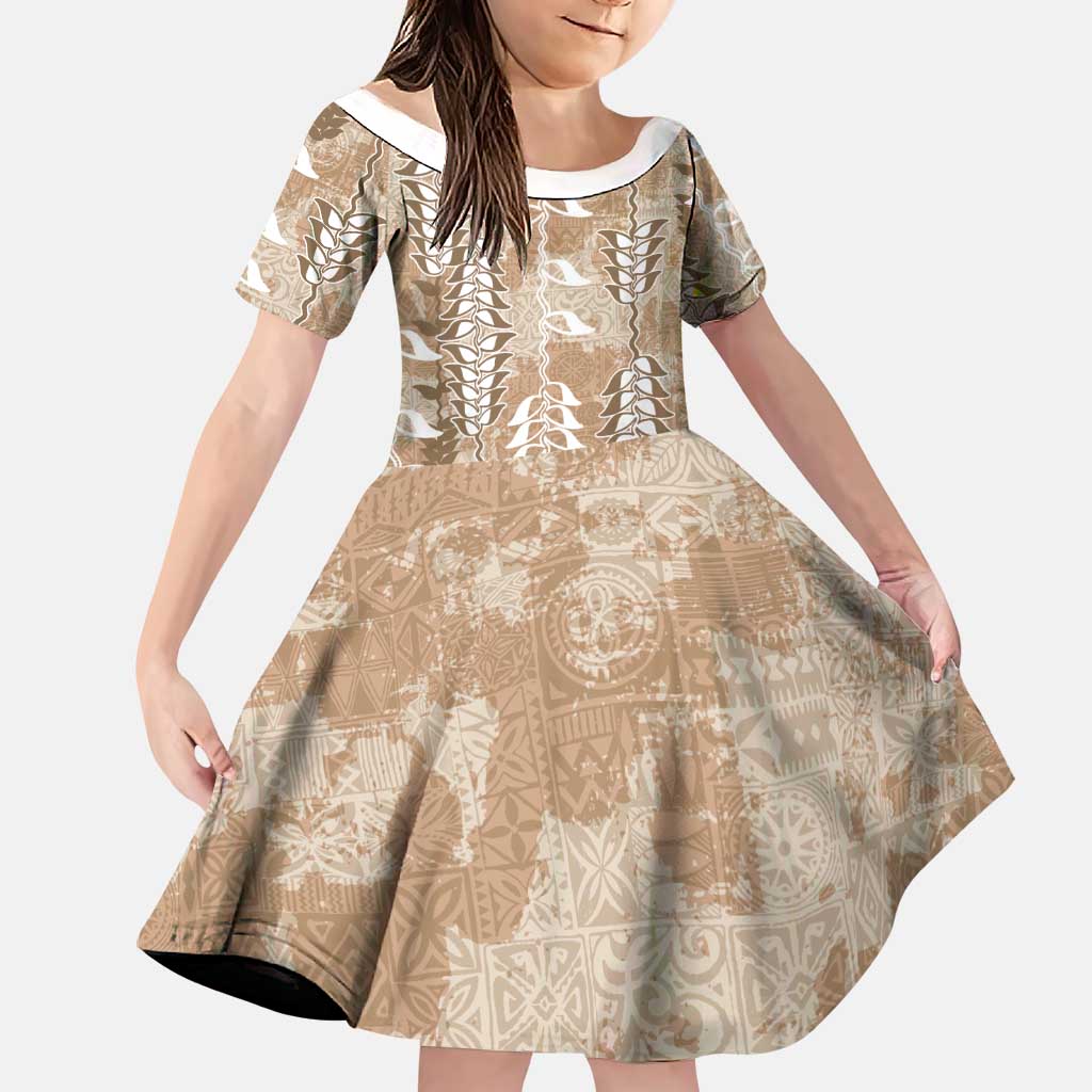 Beige Hawaii Tapa Pattern Family Matching Short Sleeve Bodycon Dress and Hawaiian Shirt With Heliconia Vintage Style LT05 Daughter's Dress Beige - Polynesian Pride