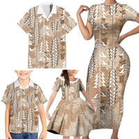 Beige Hawaii Tapa Pattern Family Matching Short Sleeve Bodycon Dress and Hawaiian Shirt With Heliconia Vintage Style LT05 - Polynesian Pride