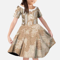Beige Hawaii Tapa Pattern Family Matching Summer Maxi Dress and Hawaiian Shirt With Heliconia Vintage Style LT05 Daughter's Dress Beige - Polynesian Pride