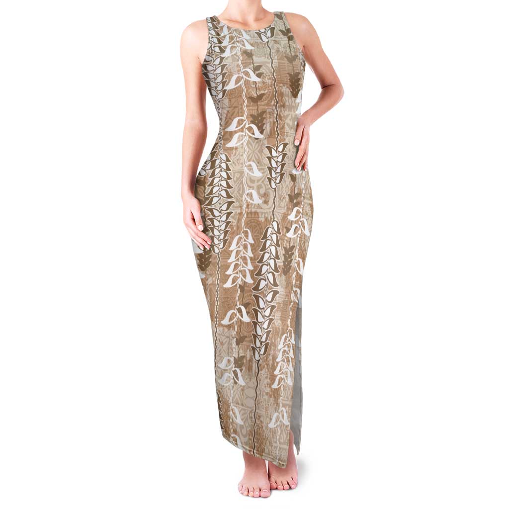Beige Hawaii Tapa Pattern Family Matching Tank Maxi Dress and Hawaiian Shirt With Heliconia Vintage Style LT05 Mom's Dress Beige - Polynesian Pride