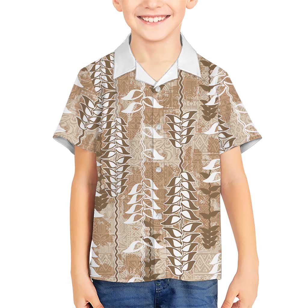Beige Hawaii Tapa Pattern Kid Hawaiian Shirt With Heliconia Vintage Style