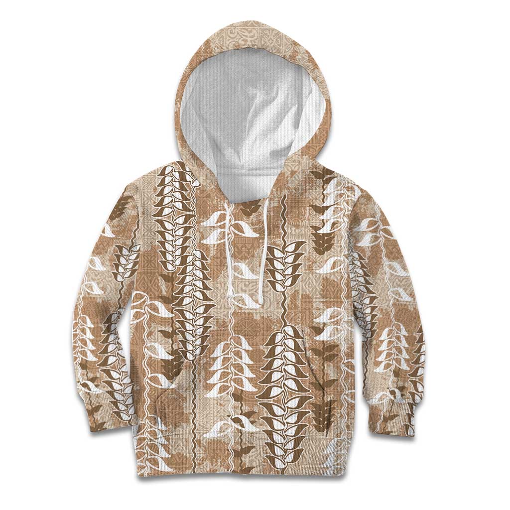 Beige Hawaii Tapa Pattern Kid Hoodie With Heliconia Vintage Style