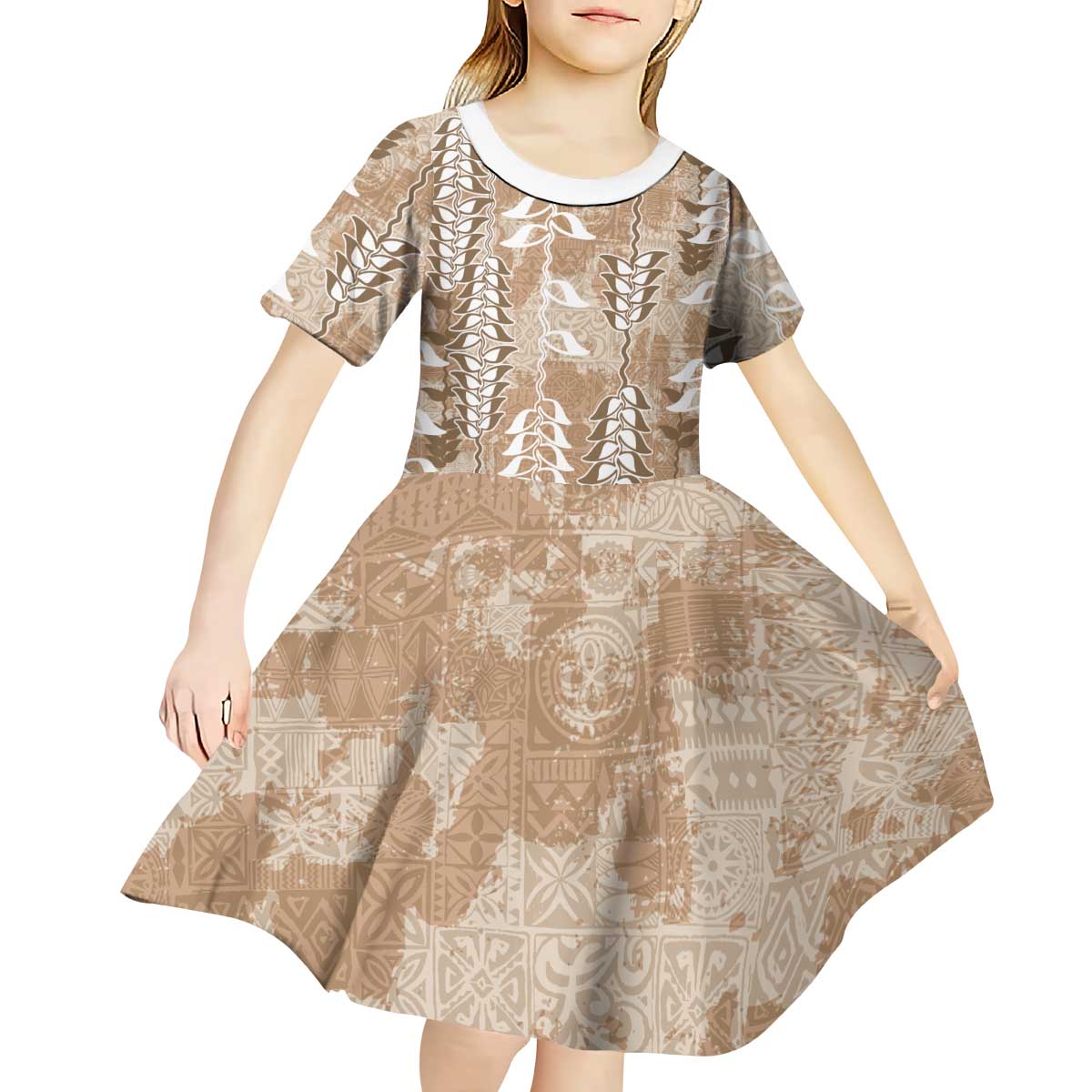 Beige Hawaii Tapa Pattern Kid Short Sleeve Dress With Heliconia Vintage Style
