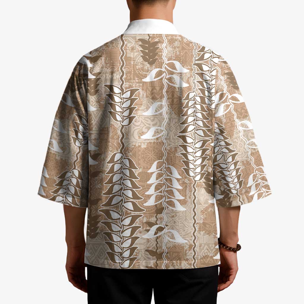 Beige Hawaii Tapa Pattern Kimono With Heliconia Vintage Style