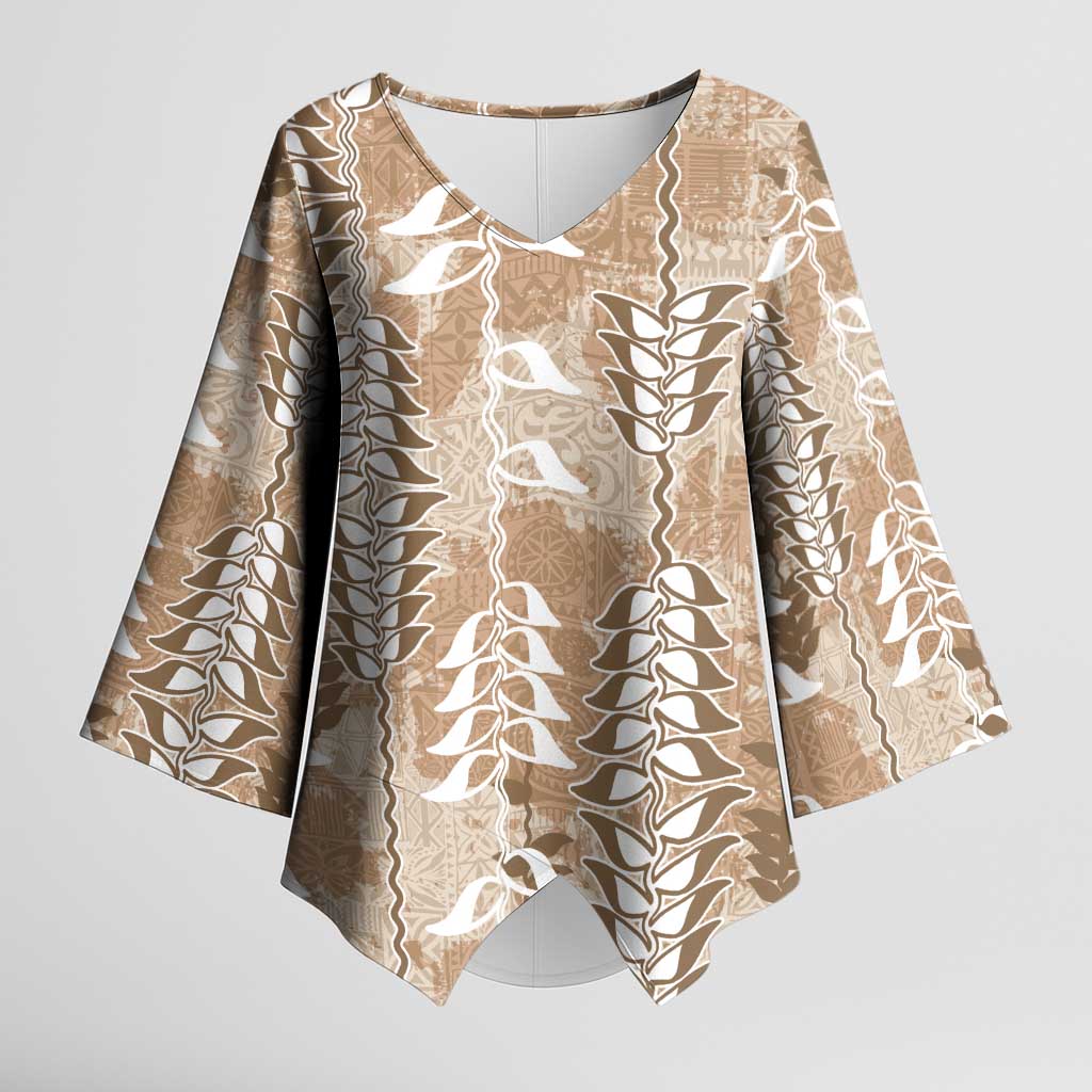 Beige Hawaii Tapa Pattern Kimono Sleeve Blouse With Heliconia Vintage Style LT05 Female Beige - Polynesian Pride