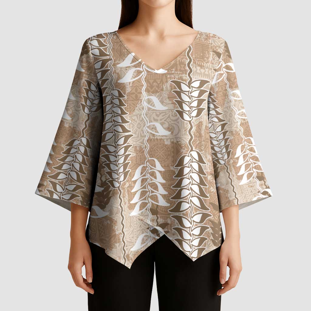 Beige Hawaii Tapa Pattern Kimono Sleeve Blouse With Heliconia Vintage Style LT05 - Polynesian Pride