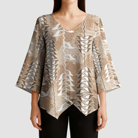 Beige Hawaii Tapa Pattern Kimono Sleeve Blouse With Heliconia Vintage Style LT05 - Polynesian Pride