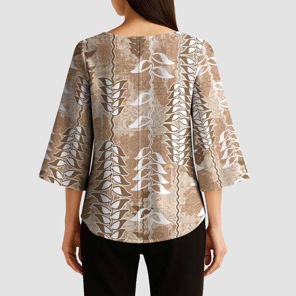 Beige Hawaii Tapa Pattern Kimono Sleeve Blouse With Heliconia Vintage Style LT05 - Polynesian Pride