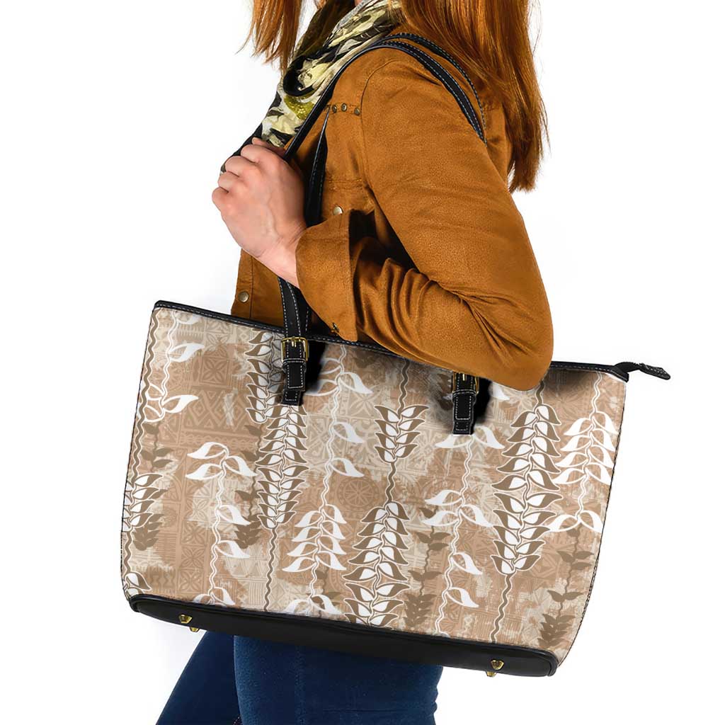 Beige Hawaii Tapa Pattern Leather Tote Bag With Heliconia Vintage Style LT05 Beige - Polynesian Pride