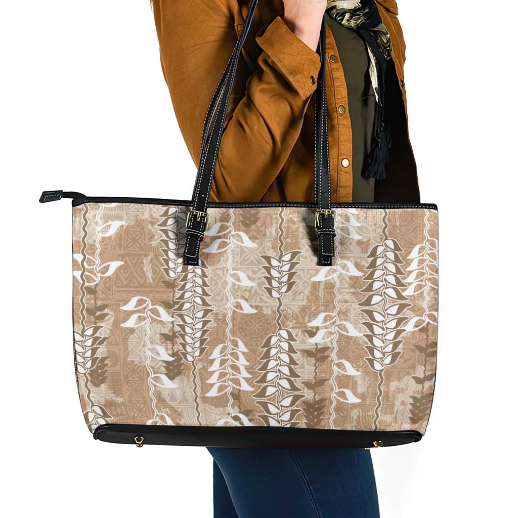 Beige Hawaii Tapa Pattern Leather Tote Bag With Heliconia Vintage Style LT05 - Polynesian Pride
