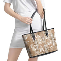 Beige Hawaii Tapa Pattern Leather Tote Bag With Heliconia Vintage Style LT05 - Polynesian Pride