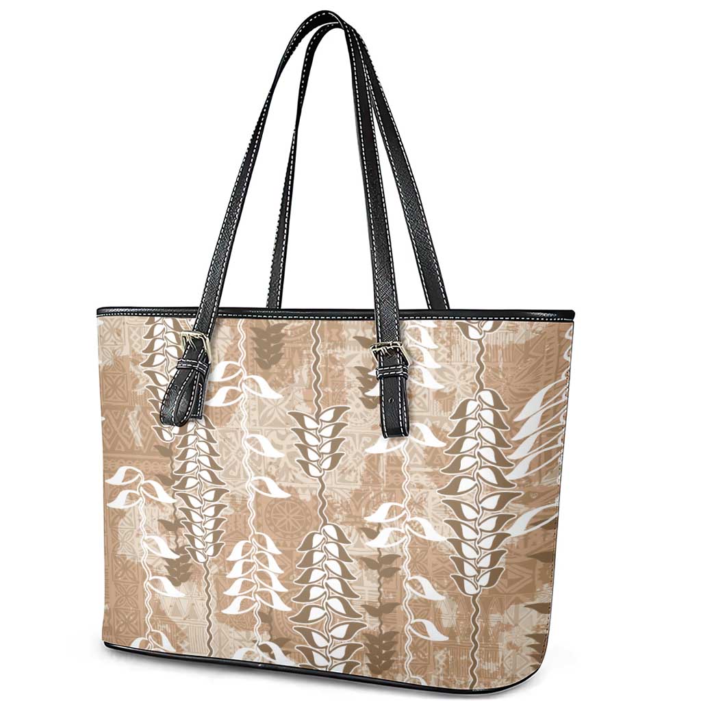 Beige Hawaii Tapa Pattern Leather Tote Bag With Heliconia Vintage Style LT05 - Polynesian Pride