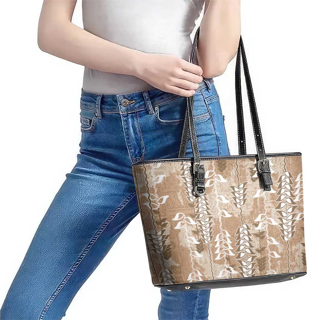 Beige Hawaii Tapa Pattern Leather Tote Bag With Heliconia Vintage Style LT05 - Polynesian Pride