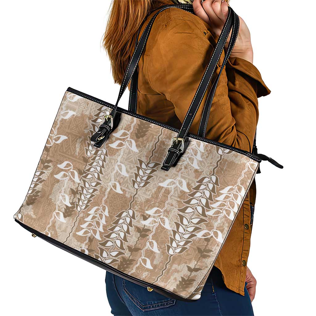 Beige Hawaii Tapa Pattern Leather Tote Bag With Heliconia Vintage Style LT05 - Polynesian Pride