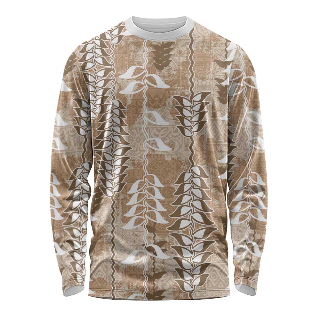 Beige Hawaii Tapa Pattern Long Sleeve Shirt With Heliconia Vintage Style
