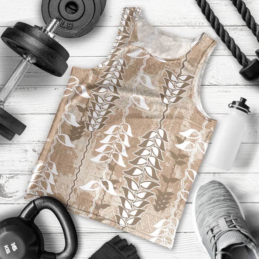 Beige Hawaii Tapa Pattern Men Tank Top With Heliconia Vintage Style