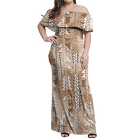 Beige Hawaii Tapa Pattern Off Shoulder Maxi Dress With Heliconia Vintage Style