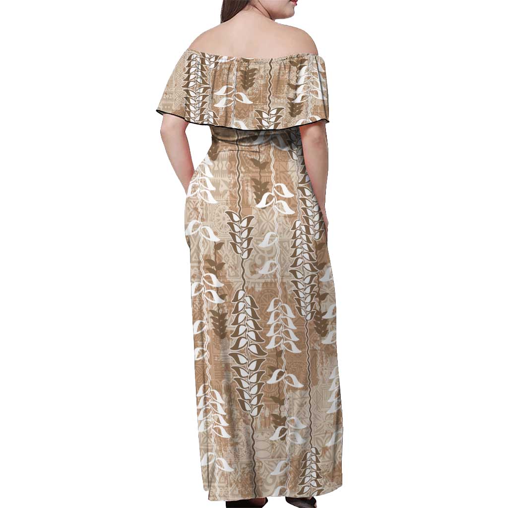 Beige Hawaii Tapa Pattern Off Shoulder Maxi Dress With Heliconia Vintage Style