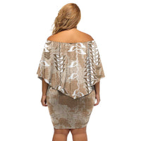 Beige Hawaii Tapa Pattern Off Shoulder Short Dress With Heliconia Vintage Style