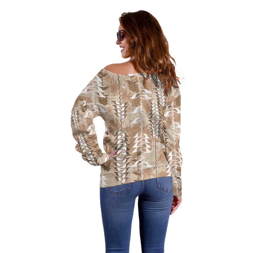 Beige Hawaii Tapa Pattern Off Shoulder Sweater With Heliconia Vintage Style