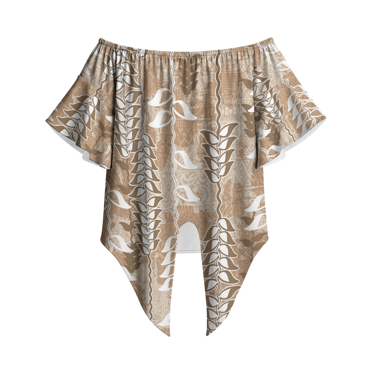 Beige Hawaii Tapa Pattern Off Shoulder Wrap Waist Top With Heliconia Vintage Style LT05 Beige - Polynesian Pride