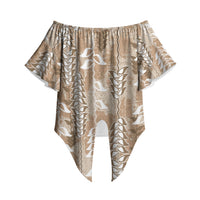 Beige Hawaii Tapa Pattern Off Shoulder Wrap Waist Top With Heliconia Vintage Style LT05 Beige - Polynesian Pride