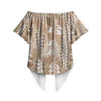 Beige Hawaii Tapa Pattern Off Shoulder Wrap Waist Top With Heliconia Vintage Style LT05 - Polynesian Pride