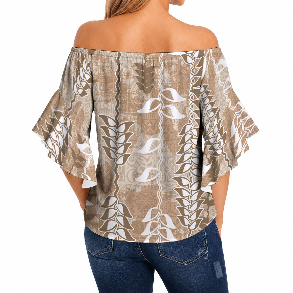 Beige Hawaii Tapa Pattern Off Shoulder Wrap Waist Top With Heliconia Vintage Style LT05 - Polynesian Pride