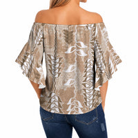 Beige Hawaii Tapa Pattern Off Shoulder Wrap Waist Top With Heliconia Vintage Style LT05 - Polynesian Pride