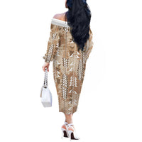 Beige Hawaii Tapa Pattern Off The Shoulder Long Sleeve Dress With Heliconia Vintage Style