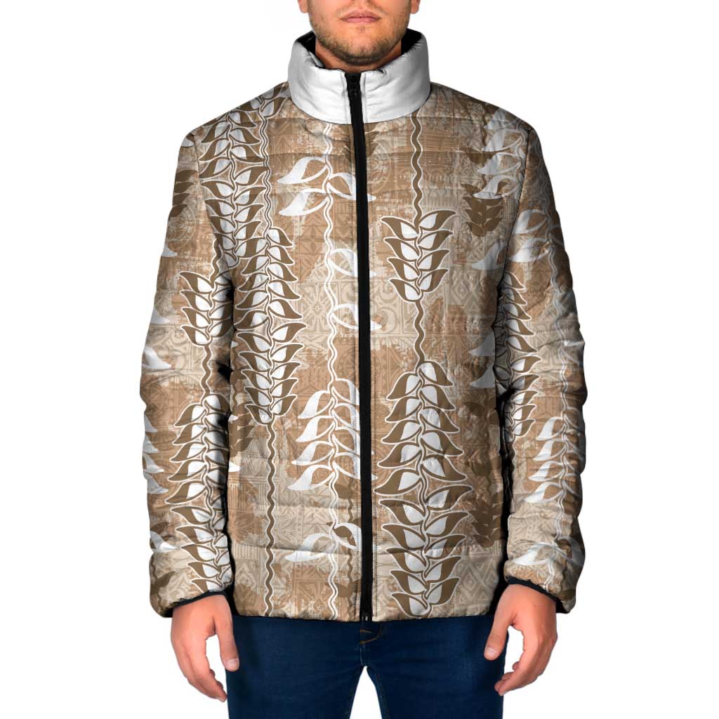 Beige Hawaii Tapa Pattern Padded Jacket With Heliconia Vintage Style