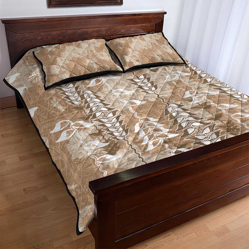 Beige Hawaii Tapa Pattern Quilt Bed Set With Heliconia Vintage Style