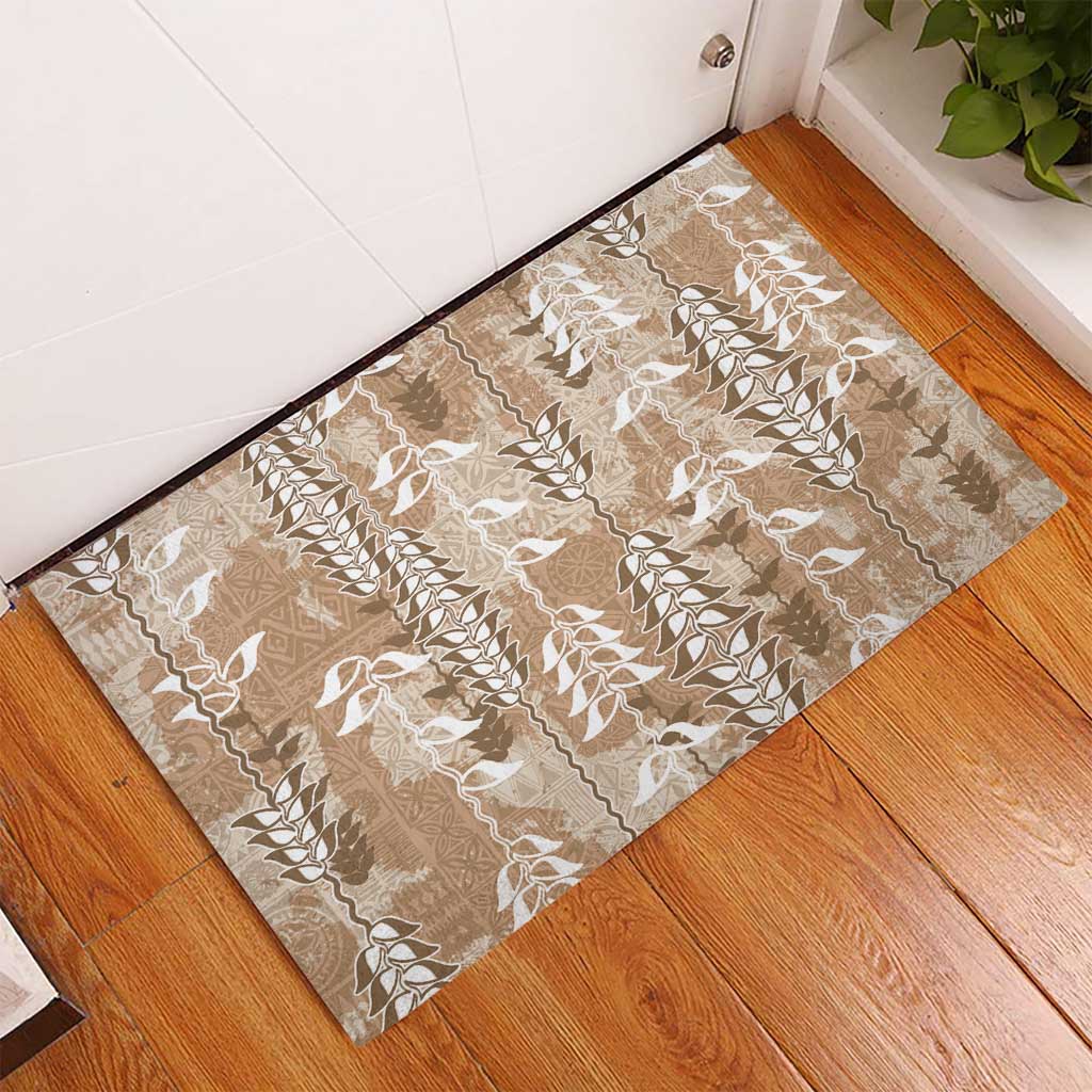 Beige Hawaii Tapa Pattern Rubber Doormat With Heliconia Vintage Style