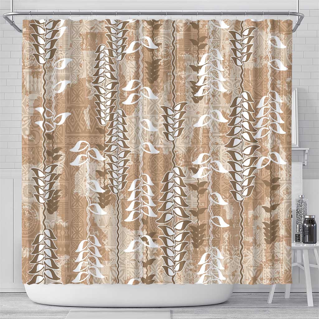 Beige Hawaii Tapa Pattern Shower Curtain With Heliconia Vintage Style