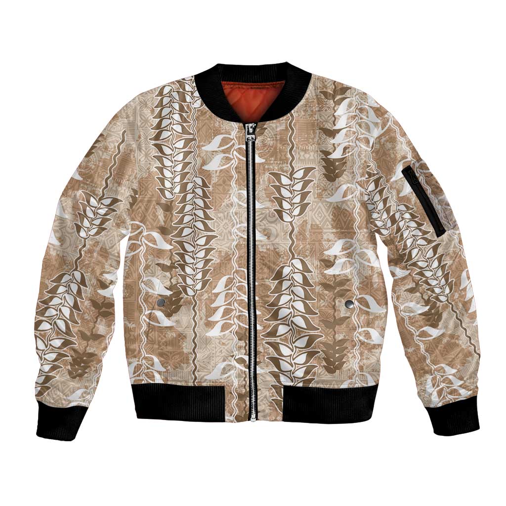 Beige Hawaii Tapa Pattern Sleeve Zip Bomber Jacket With Heliconia Vintage Style