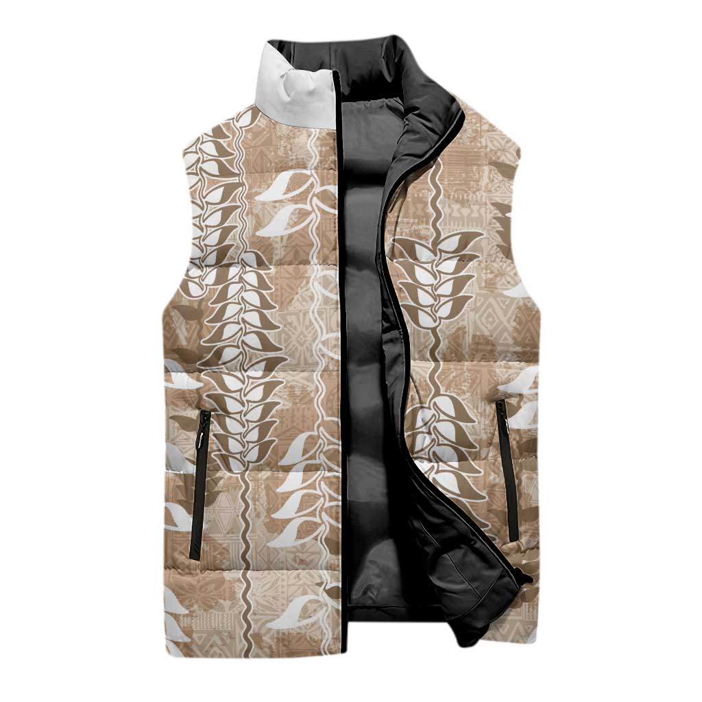 Beige Hawaii Tapa Pattern Sleeveless Puffer Jacket With Heliconia Vintage Style