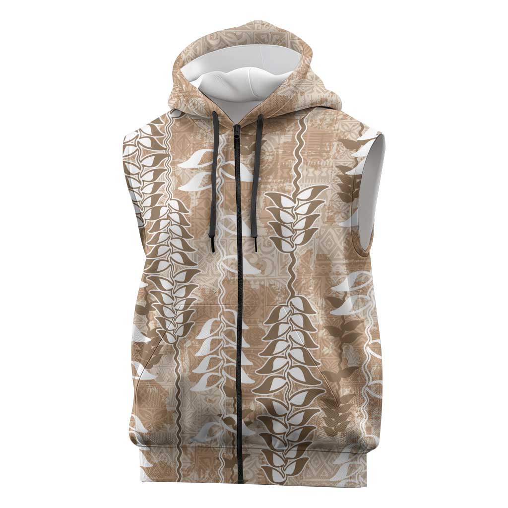 Beige Hawaii Tapa Pattern Sleeveless Zip Hoodie With Heliconia Vintage Style